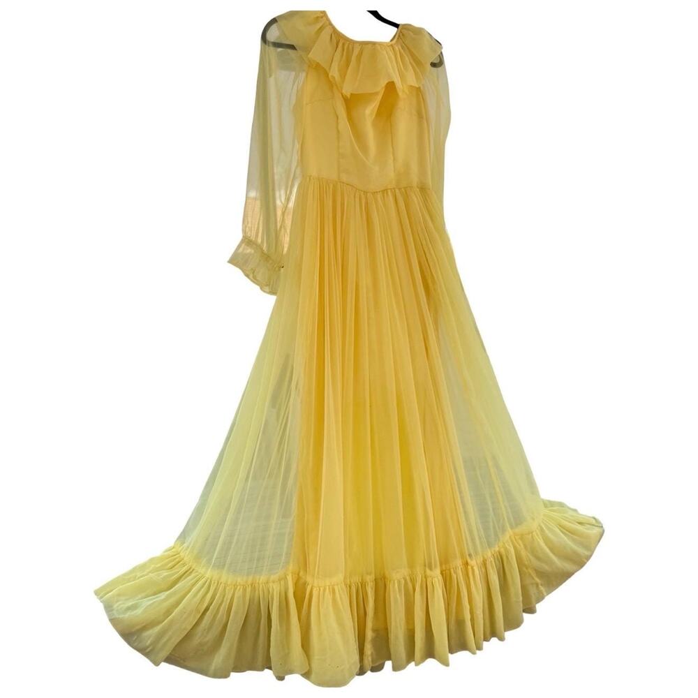 Vintage 1970 Butter Yellow Chiffon Ruffle Gown Full Sweep Overlay Bishop Sleeve - Picture 3 of 10
